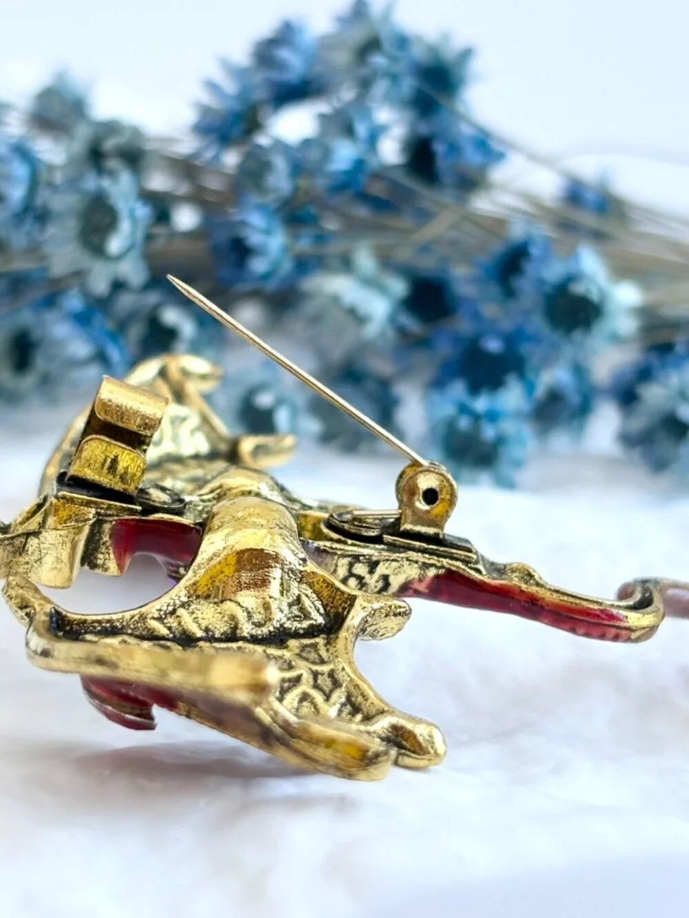 Flying Dragon Figural Red Winged Enameled Rhinestone Ornate Textured Brooch Pin